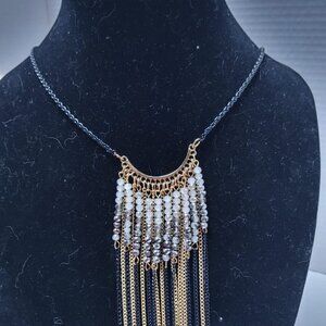 Gold tone grey Crystal Bead Fringe Necklace Paparazzi Black Tone chain